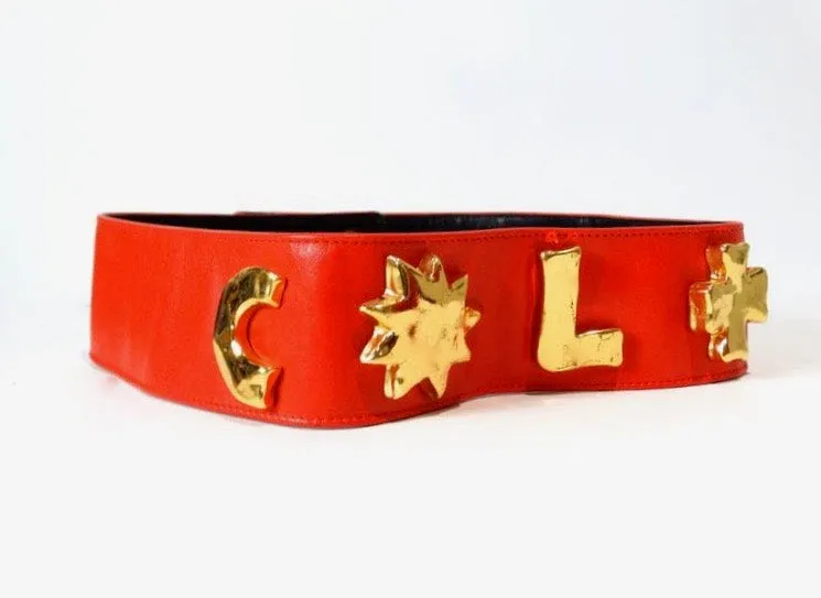 1990s Christian Lacroix Wide Red Iconic Gold Symbol Belt