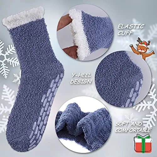 6 Pairs Non Slip Fuzzy Socks for Womens with Grips Anti Slip Soft Fluffy Cozy Winter Warm Slipper Socks (6 Pairs Multicolor Fuzzy Socks B)