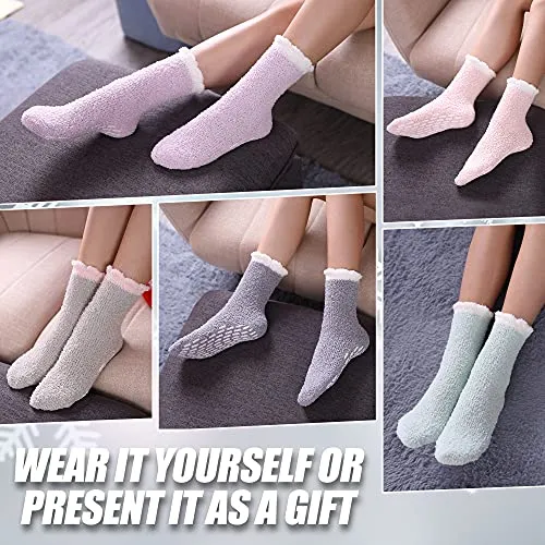 6 Pairs Non Slip Fuzzy Socks for Womens with Grips Anti Slip Soft Fluffy Cozy Winter Warm Slipper Socks (6 Pairs Multicolor Fuzzy Socks B)