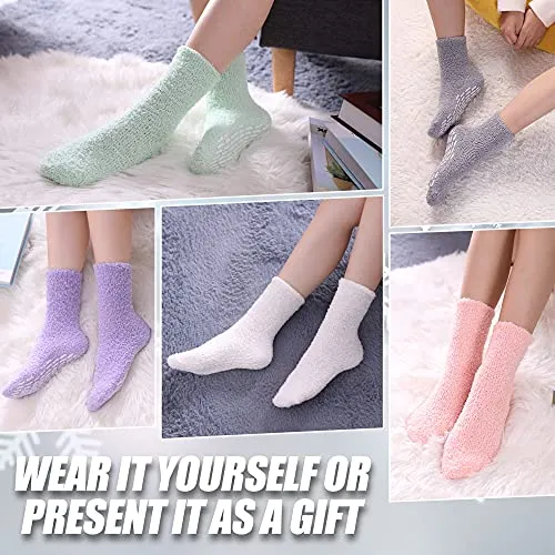 6 Pairs Non Slip Fuzzy Socks for Womens with Grips Anti Slip Soft Fluffy Cozy Winter Warm Slipper Socks (6 Pairs Rainbow Fuzzy Socks)