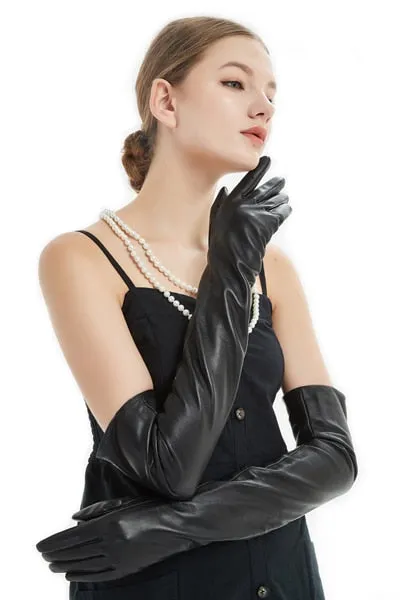 60cm(23.6") long classic plain soft sheep leather evening opera long gloves black