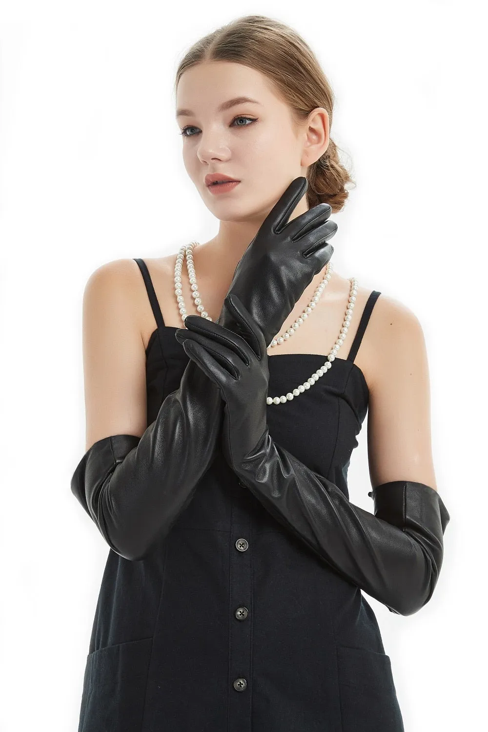 60cm(23.6") long classic plain soft sheep leather evening opera long gloves black