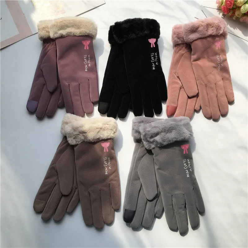 Autumn And Winter Women's Riding Gloves Korean Style Alphabet Cartoon Warm Double Layer Fleece-lined