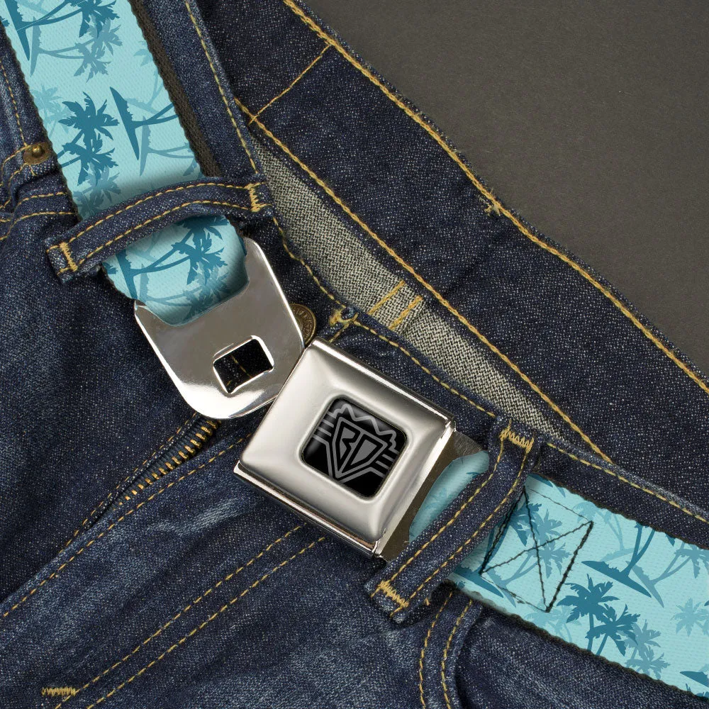 BD Wings Logo CLOSE-UP Black/Silver Seatbelt Belt - Palm Trees Silhouette Scattered Blues Webbing