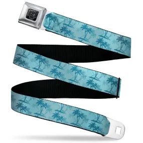 BD Wings Logo CLOSE-UP Black/Silver Seatbelt Belt - Palm Trees Silhouette Scattered Blues Webbing