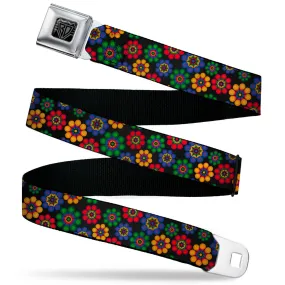 BD Wings Logo CLOSE-UP Black/Silver Seatbelt Belt - Psychedelic Daisies Black/Multi Color Webbing