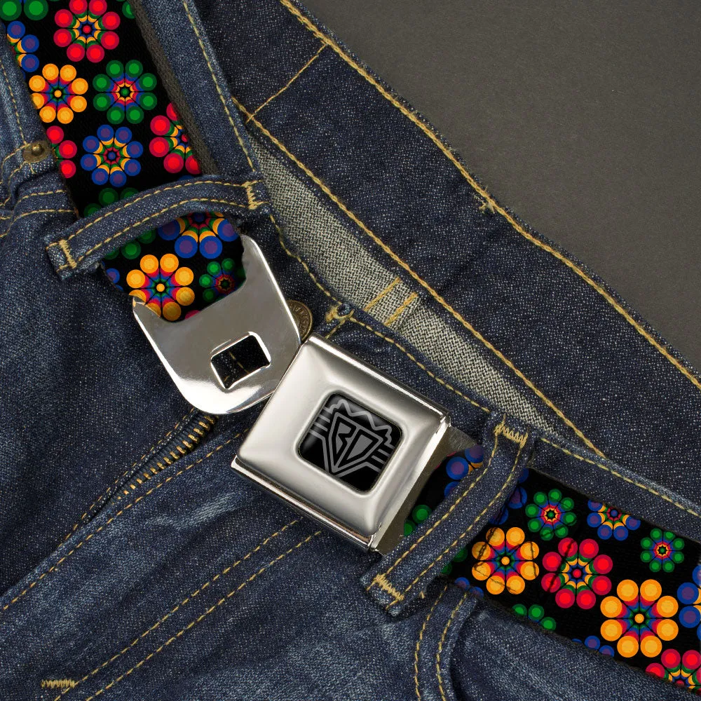 BD Wings Logo CLOSE-UP Black/Silver Seatbelt Belt - Psychedelic Daisies Black/Multi Color Webbing