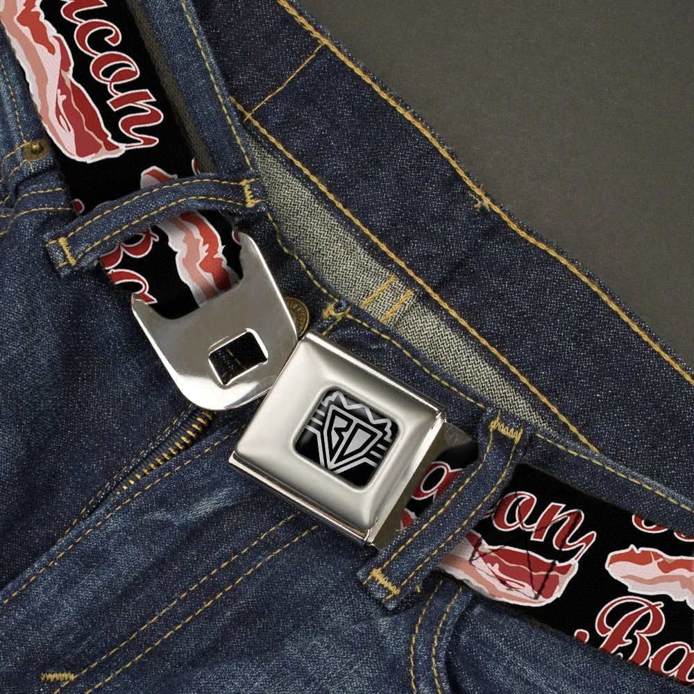 BD Wings Logo CLOSE-UP Full Color Black Silver Seatbelt Belt - BACON Baseball Script Webbing