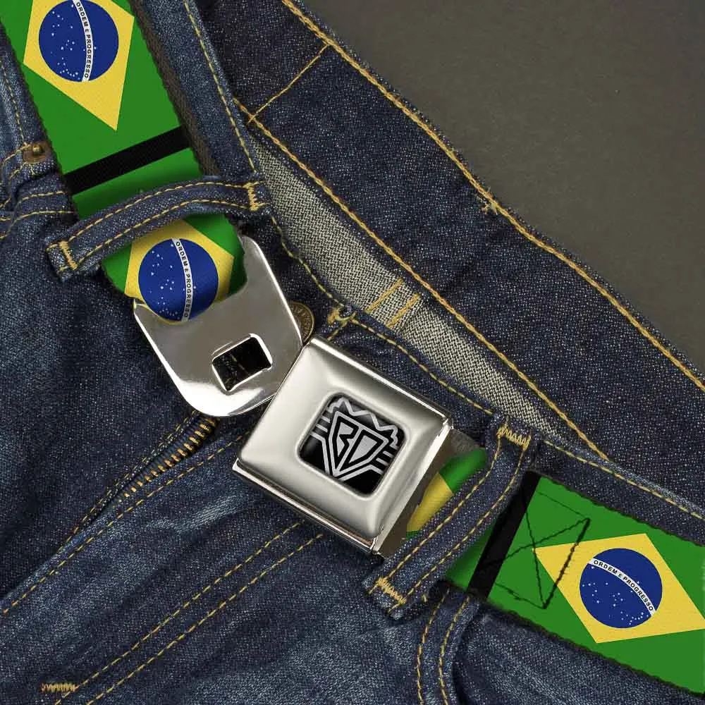 BD Wings Logo CLOSE-UP Full Color Black Silver Seatbelt Belt - Brazil Flags Webbing