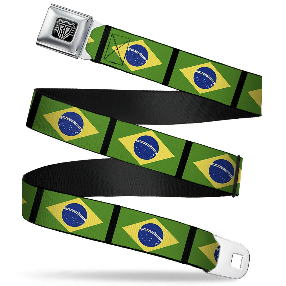 BD Wings Logo CLOSE-UP Full Color Black Silver Seatbelt Belt - Brazil Flags Webbing