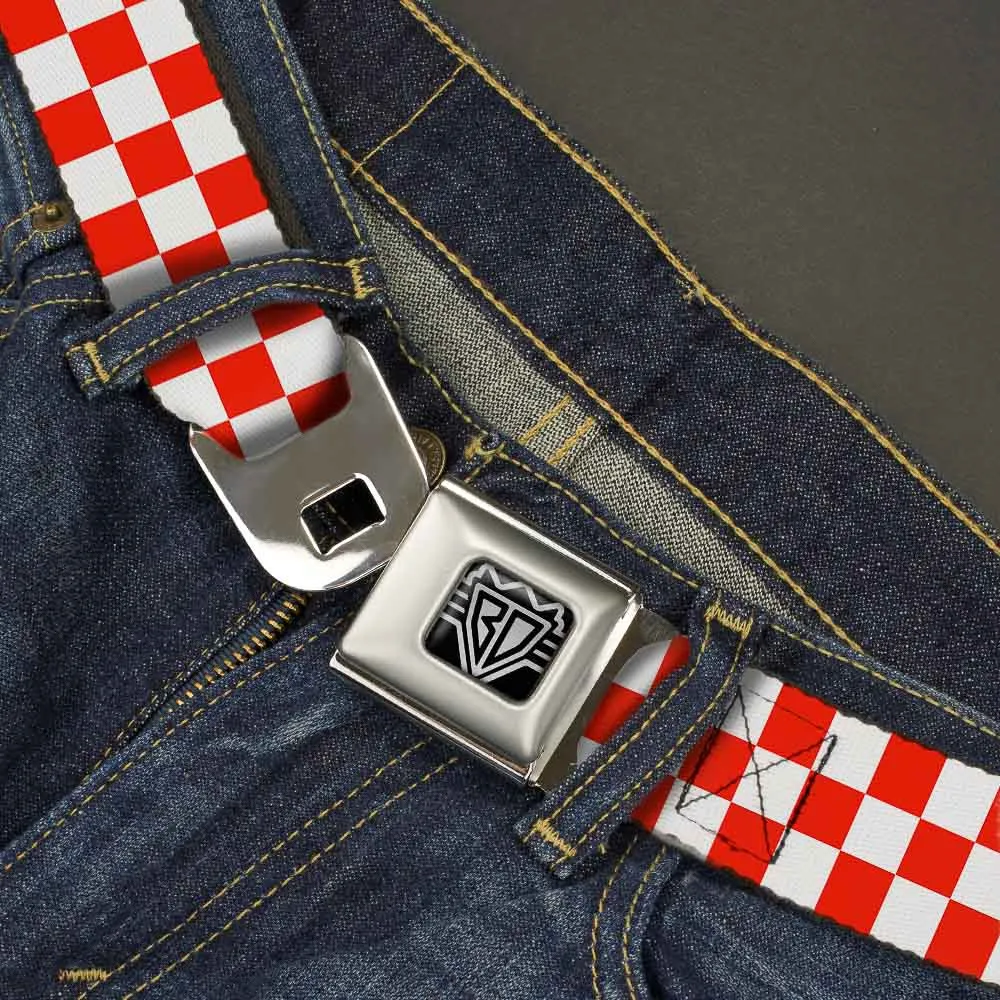 BD Wings Logo CLOSE-UP Full Color Black Silver Seatbelt Belt - Checker Red/White Webbing