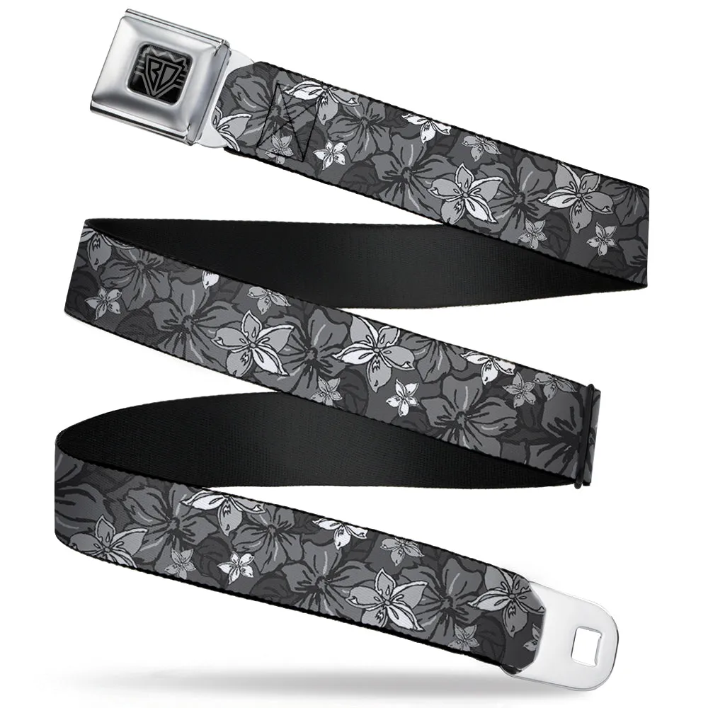 BD Wings Logo CLOSE-UP Full Color Black Silver Seatbelt Belt - Hibiscus Collage Gray Shades Webbing