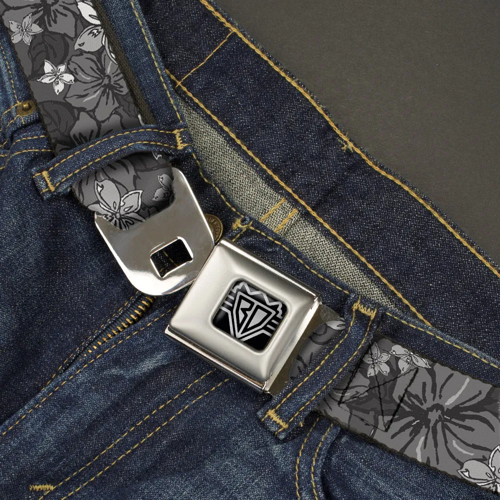 BD Wings Logo CLOSE-UP Full Color Black Silver Seatbelt Belt - Hibiscus Collage Gray Shades Webbing