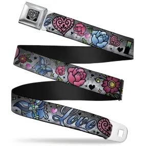 BD Wings Logo CLOSE-UP Full Color Black Silver Seatbelt Belt - Love Love Gray Webbing