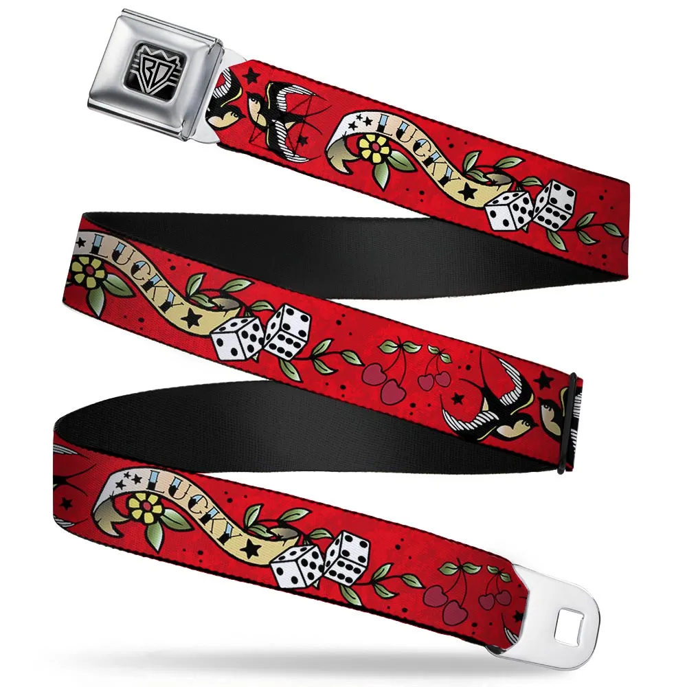 BD Wings Logo CLOSE-UP Full Color Black Silver Seatbelt Belt - Lucky Red Webbing