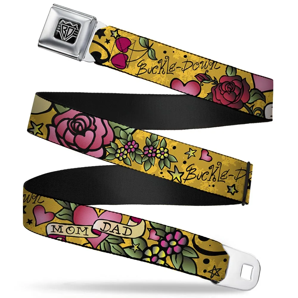 BD Wings Logo CLOSE-UP Full Color Black Silver Seatbelt Belt - Mom & Dad Yellow Webbing