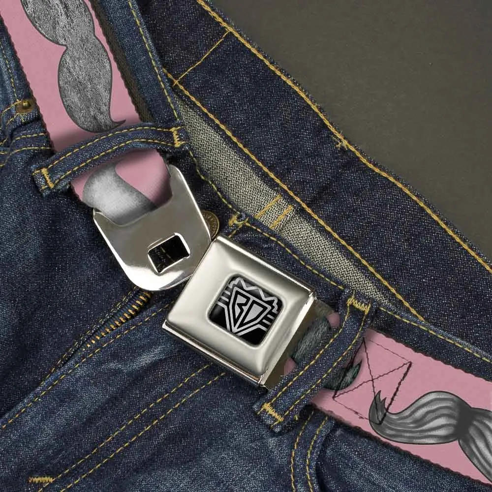 BD Wings Logo CLOSE-UP Full Color Black Silver Seatbelt Belt - Mustaches Pink/Sketch Webbing