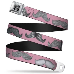 BD Wings Logo CLOSE-UP Full Color Black Silver Seatbelt Belt - Mustaches Pink/Sketch Webbing