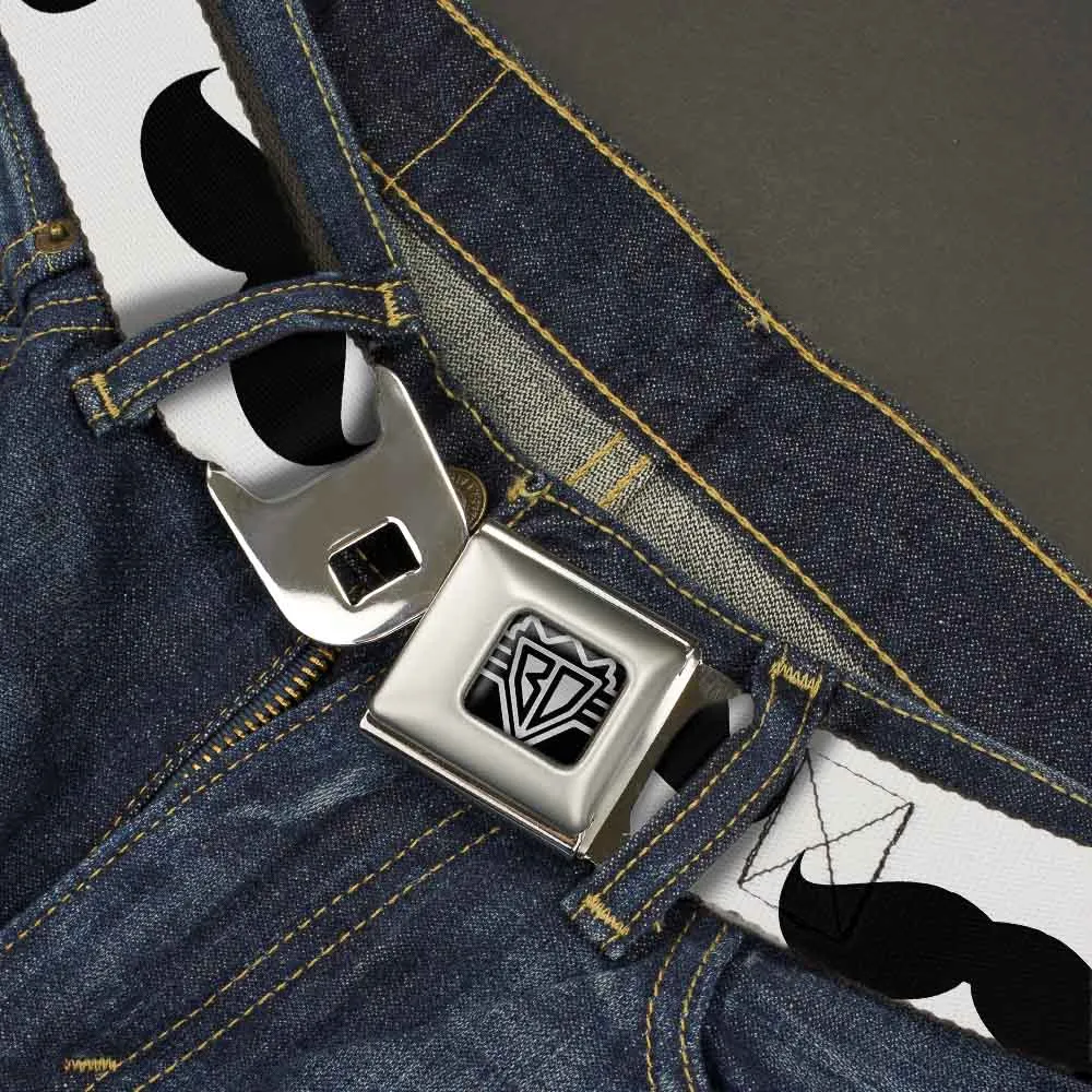 BD Wings Logo CLOSE-UP Full Color Black Silver Seatbelt Belt - Mustaches White/Black Webbing