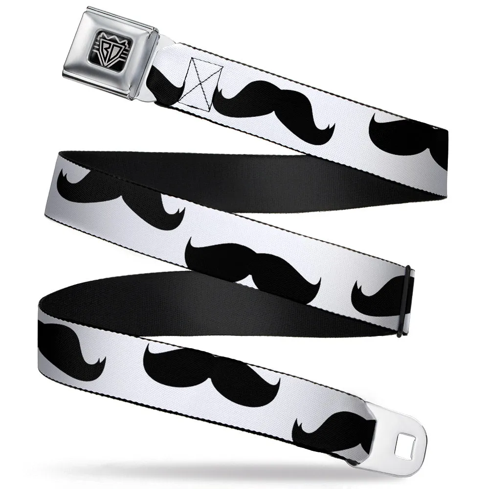 BD Wings Logo CLOSE-UP Full Color Black Silver Seatbelt Belt - Mustaches White/Black Webbing