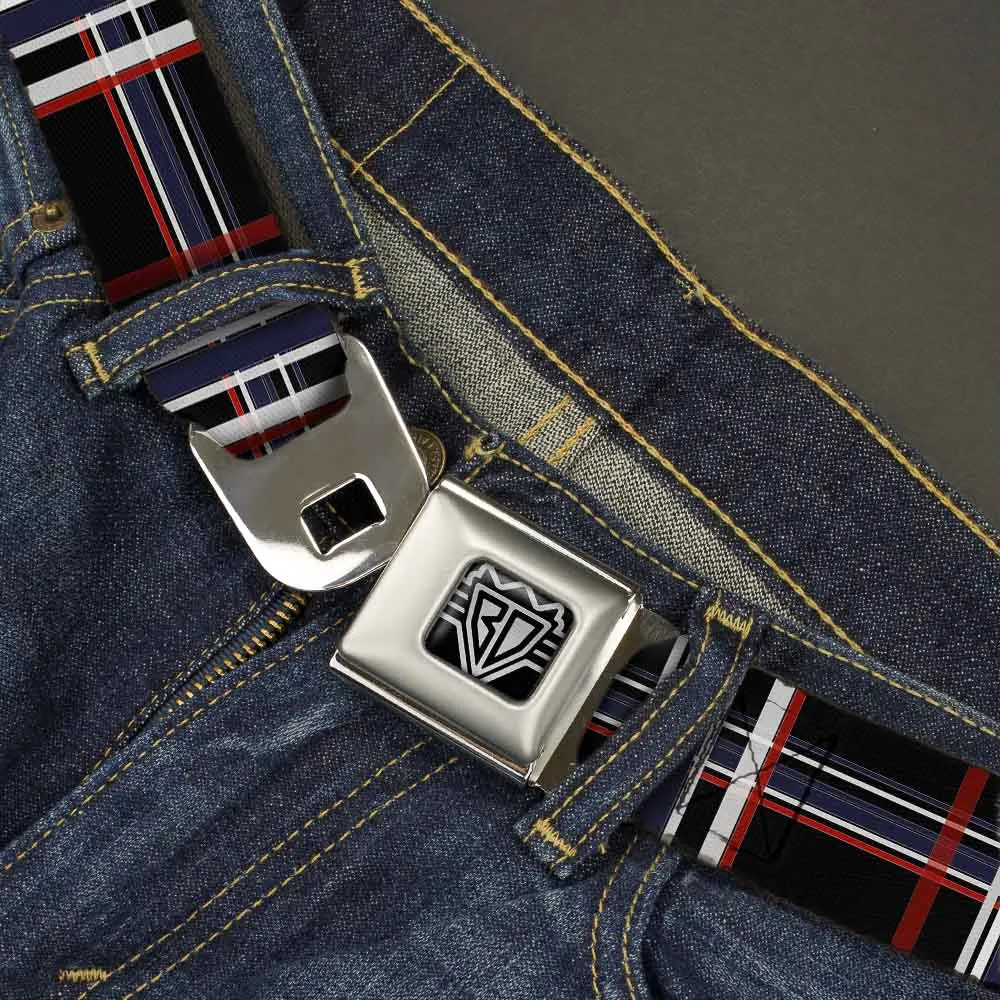 BD Wings Logo CLOSE-UP Full Color Black Silver Seatbelt Belt - Plaid Black/Red/White/Blue Webbing