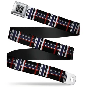 BD Wings Logo CLOSE-UP Full Color Black Silver Seatbelt Belt - Plaid Black/Red/White/Blue Webbing