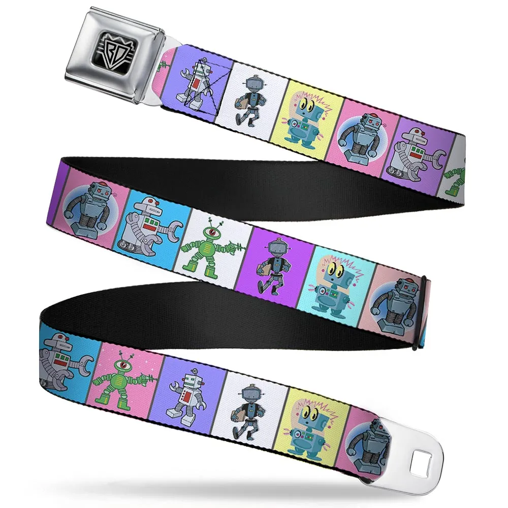 BD Wings Logo CLOSE-UP Full Color Black Silver Seatbelt Belt - Robots Pastel Blocks Webbing