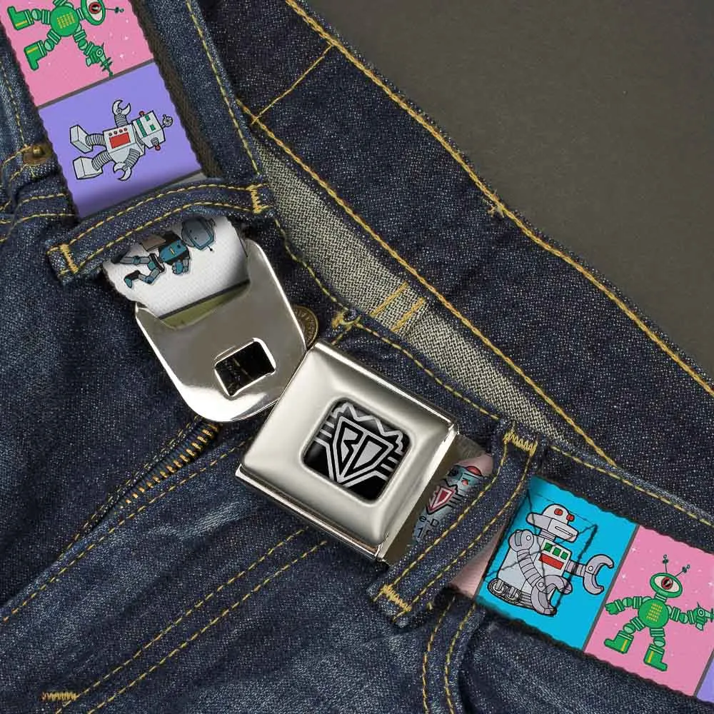 BD Wings Logo CLOSE-UP Full Color Black Silver Seatbelt Belt - Robots Pastel Blocks Webbing