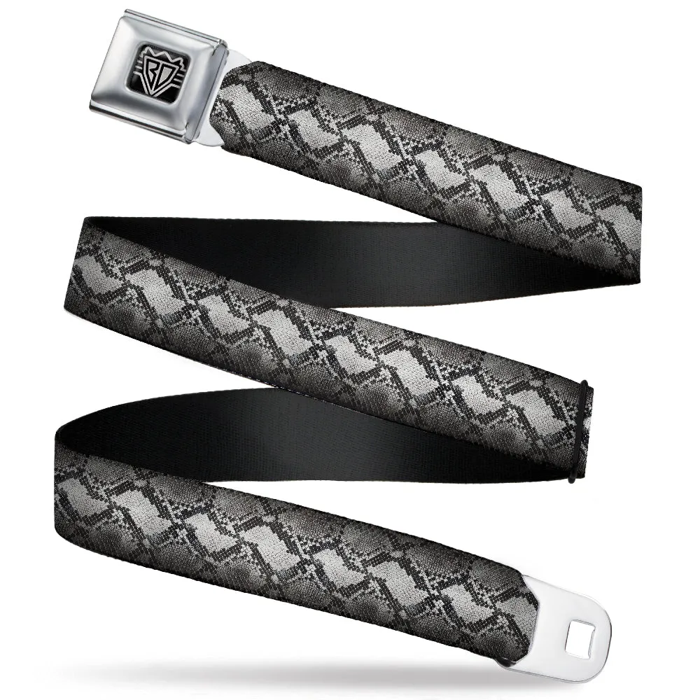 BD Wings Logo CLOSE-UP Full Color Black Silver Seatbelt Belt - Snake Skin 3 Grays Webbing