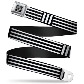 BD Wings Logo CLOSE-UP Full Color Black Silver Seatbelt Belt - Stripe Blocks Black/White Webbing