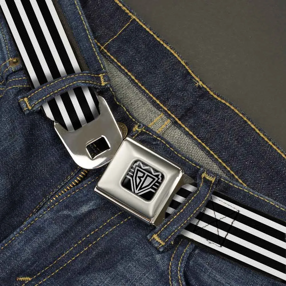 BD Wings Logo CLOSE-UP Full Color Black Silver Seatbelt Belt - Stripe Blocks Black/White Webbing