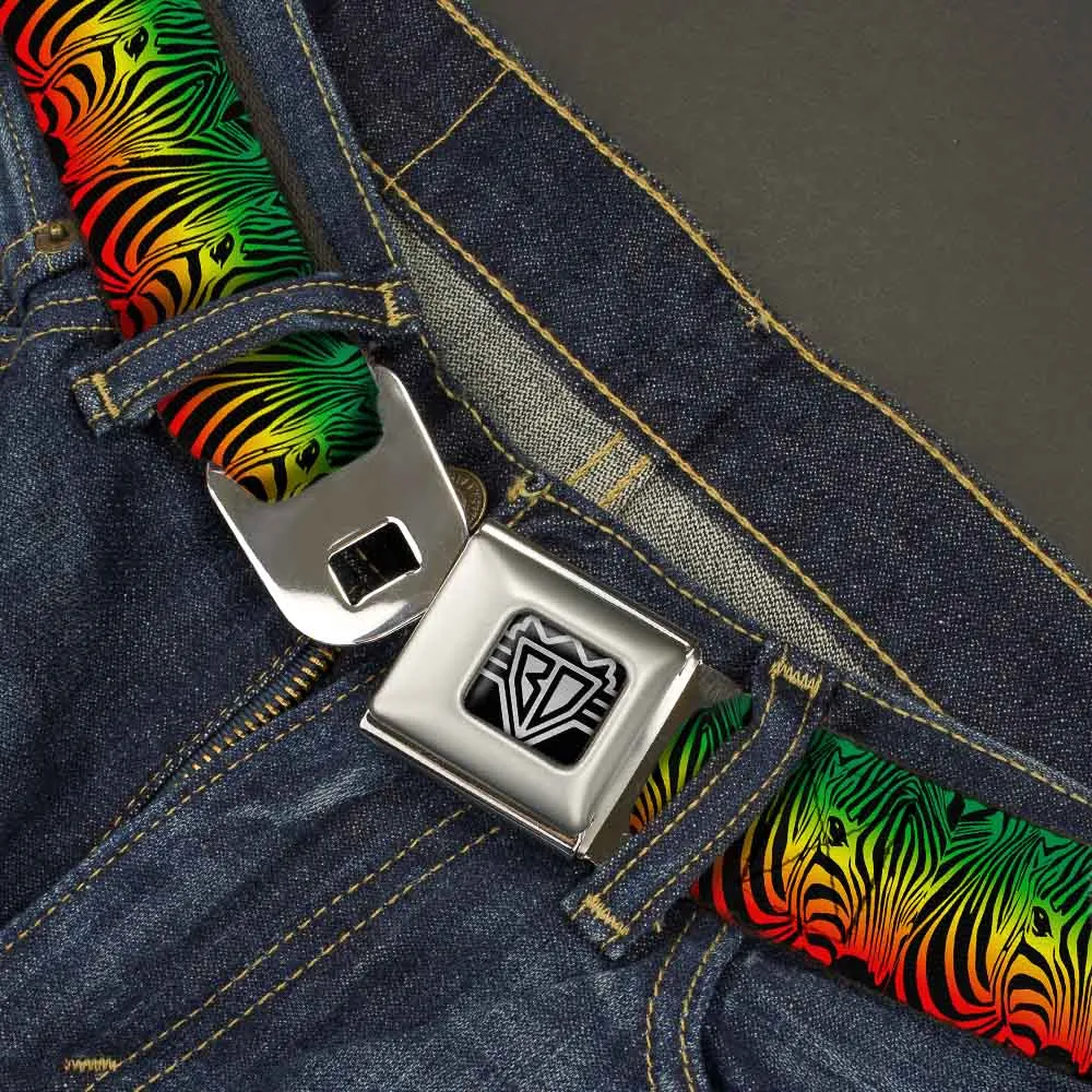 BD Wings Logo CLOSE-UP Full Color Black Silver Seatbelt Belt - Zebra Head Rasta Webbing