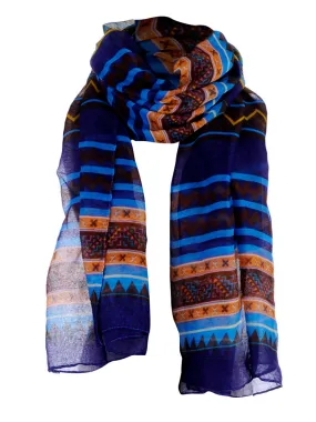 Blue Boho Tribal Ethnic Geometric Semi Sheer Scarf