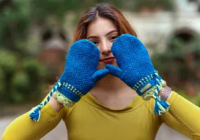 Blue with Lime Lining Soft Wool Mittens