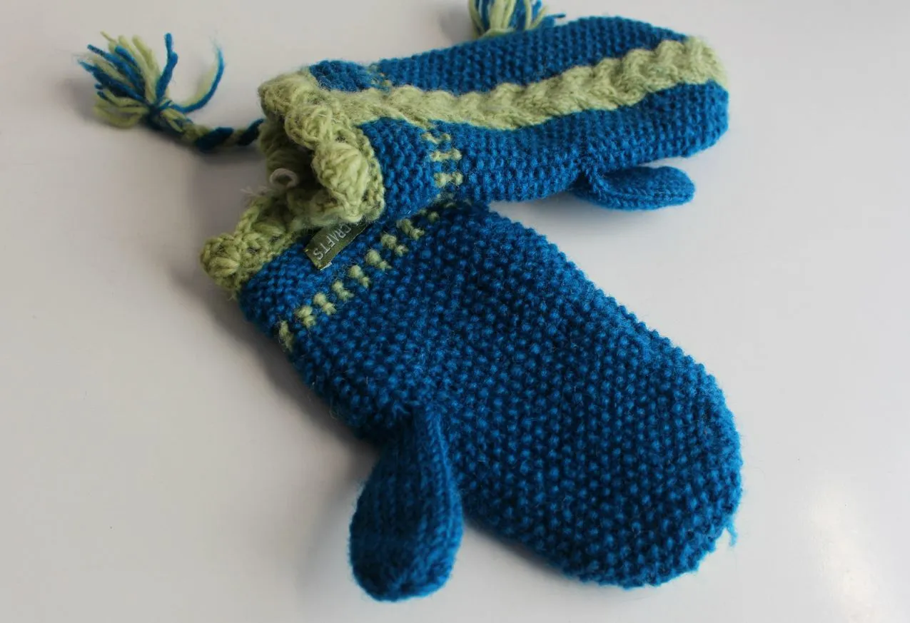 Blue with Lime Lining Soft Wool Mittens