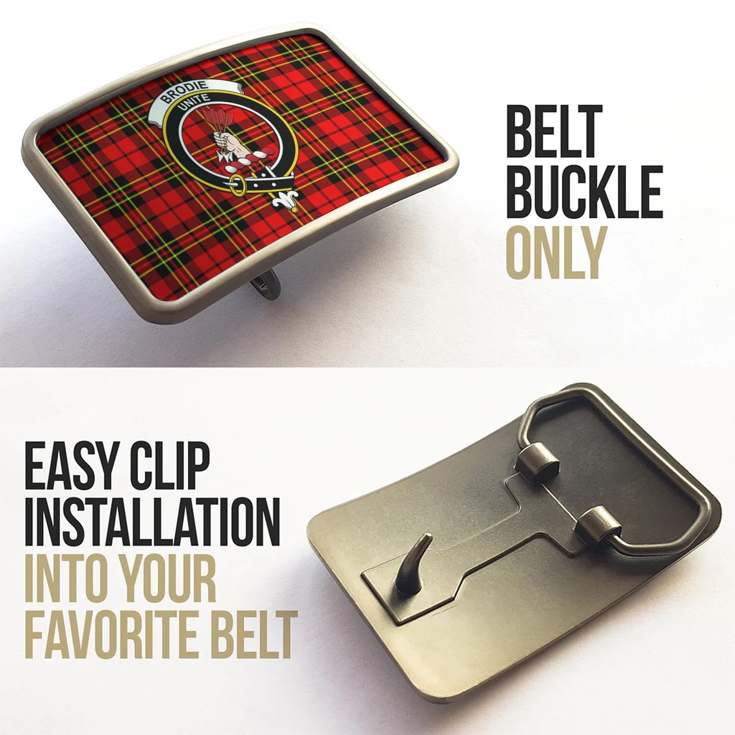 Brodie Modern Tartan Belt Buckles with Family Crest