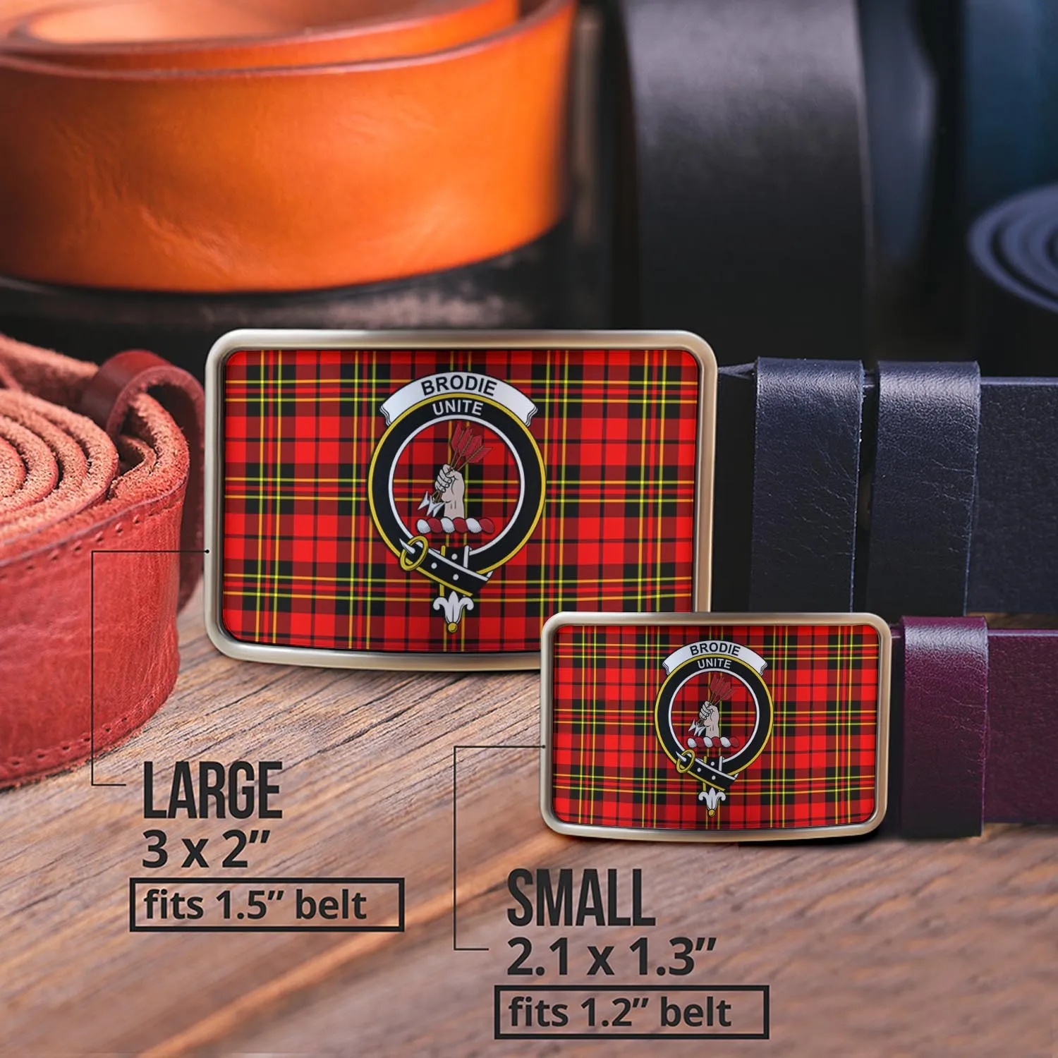 Brodie Modern Tartan Belt Buckles with Family Crest