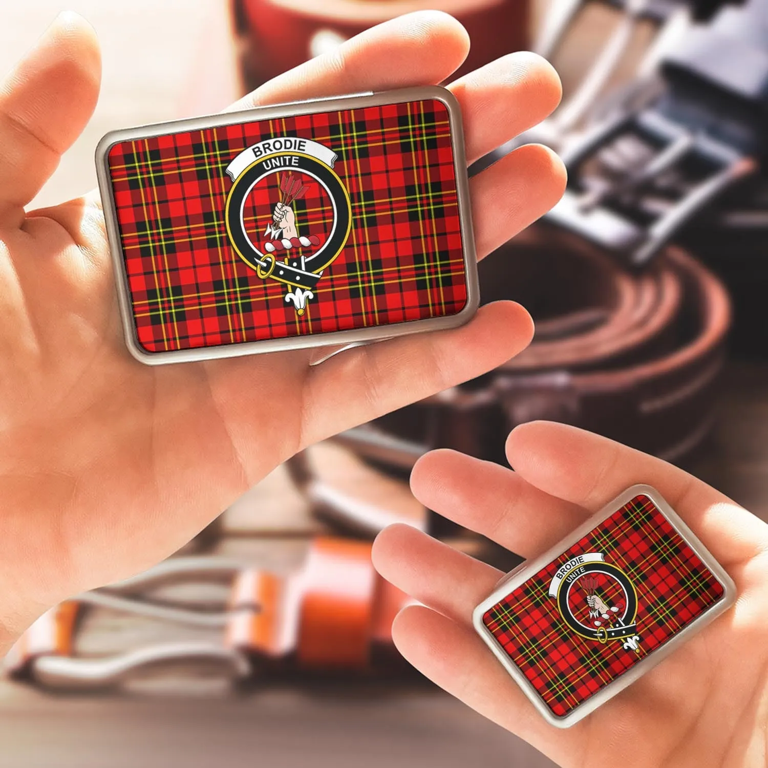 Brodie Modern Tartan Belt Buckles with Family Crest