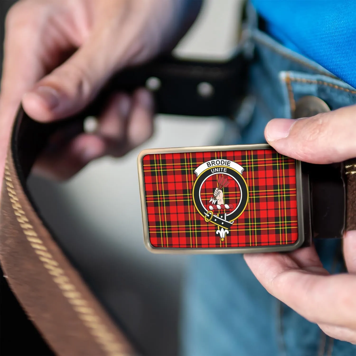 Brodie Modern Tartan Belt Buckles with Family Crest