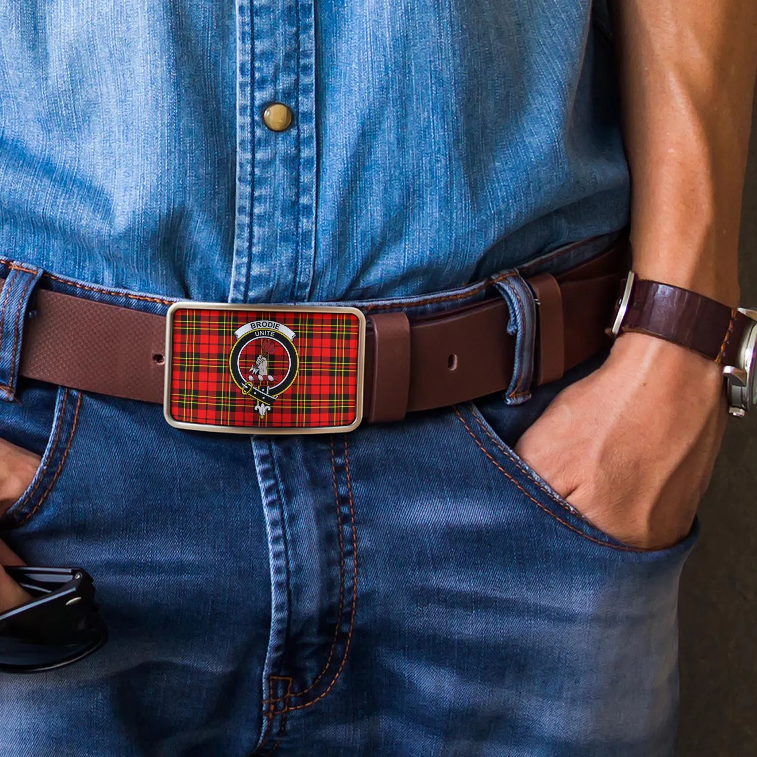 Brodie Modern Tartan Belt Buckles with Family Crest