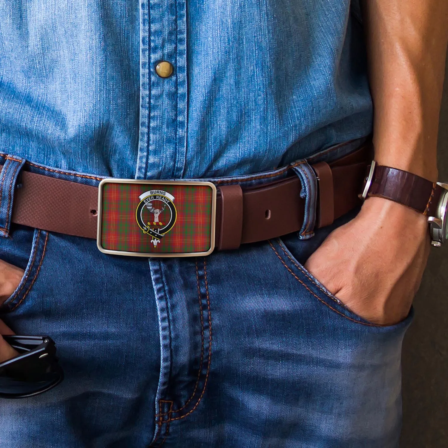 Burns Tartan Belt Buckles with Family Crest