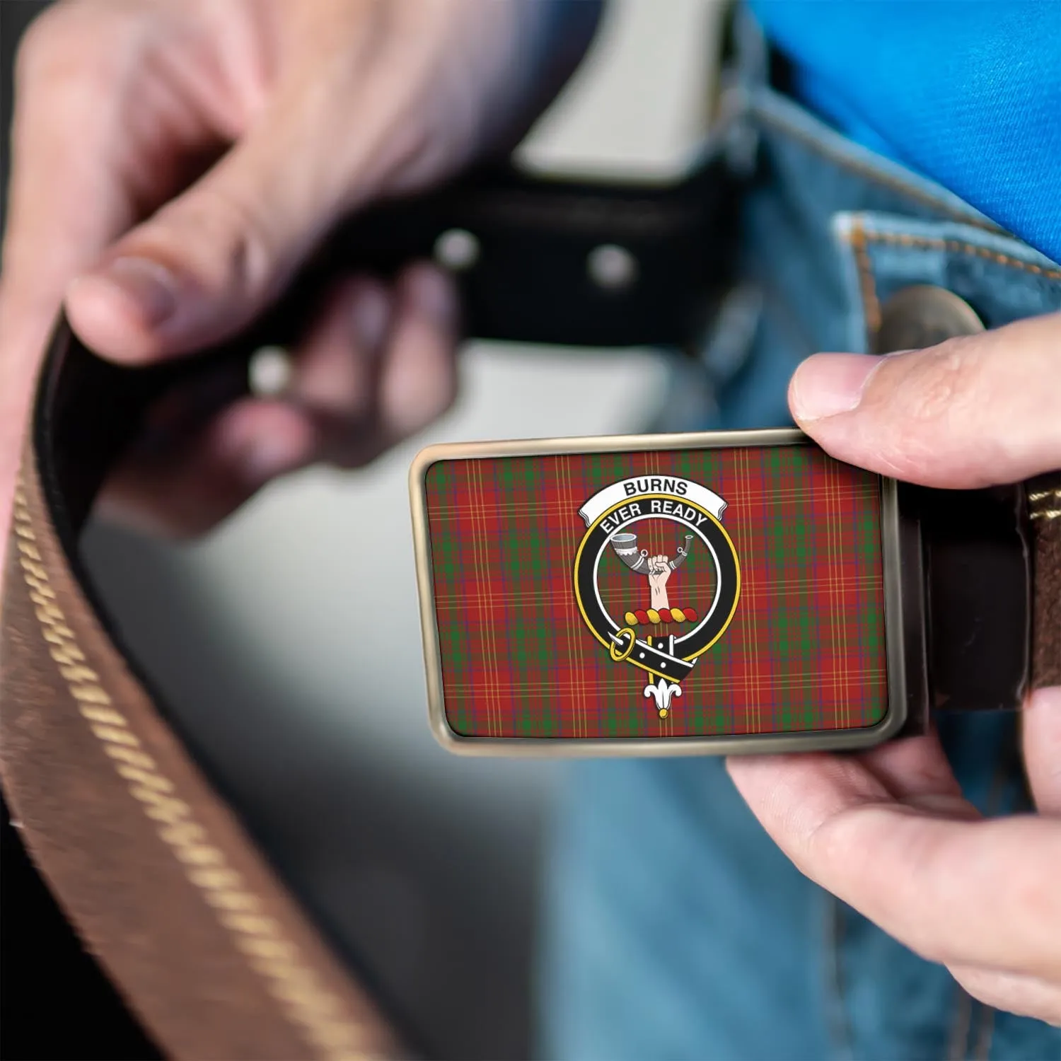 Burns Tartan Belt Buckles with Family Crest