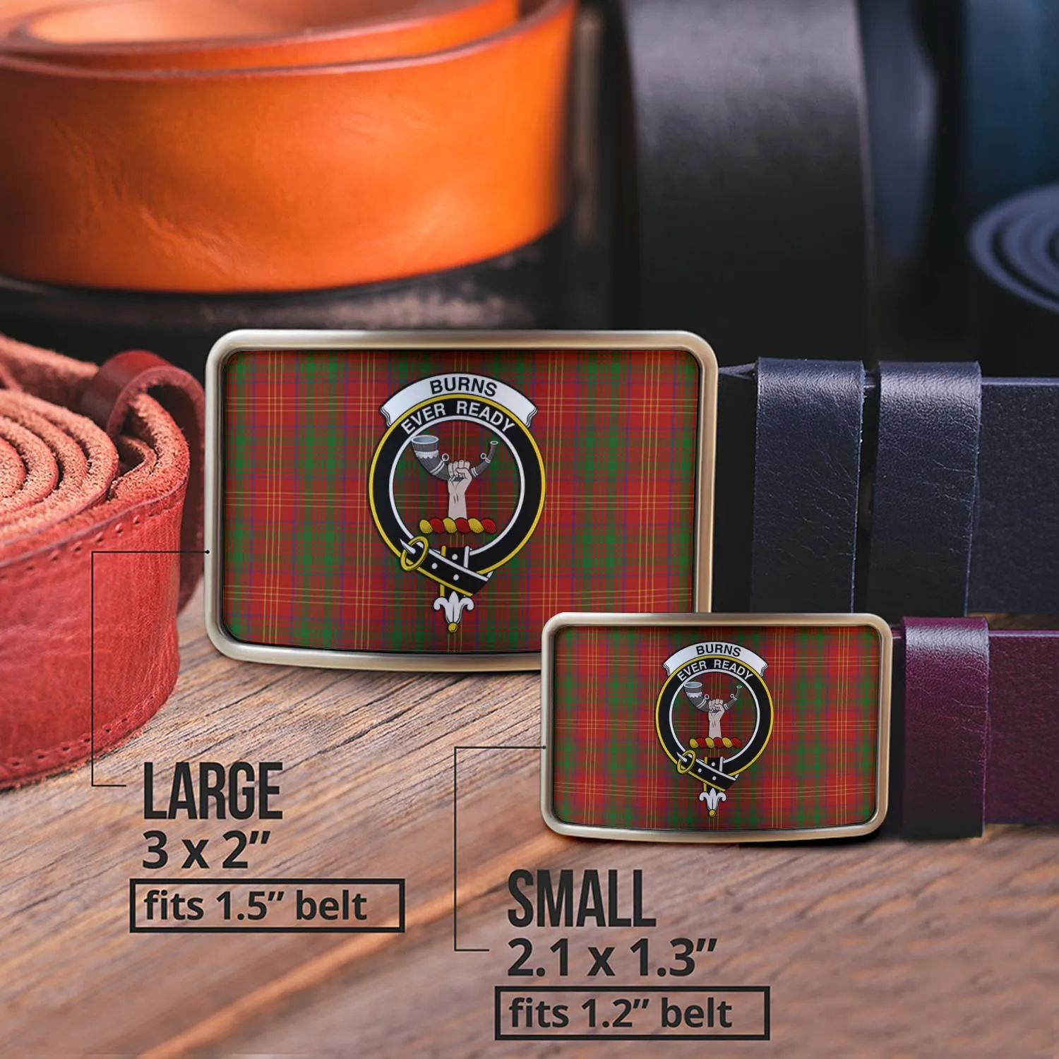 Burns Tartan Belt Buckles with Family Crest