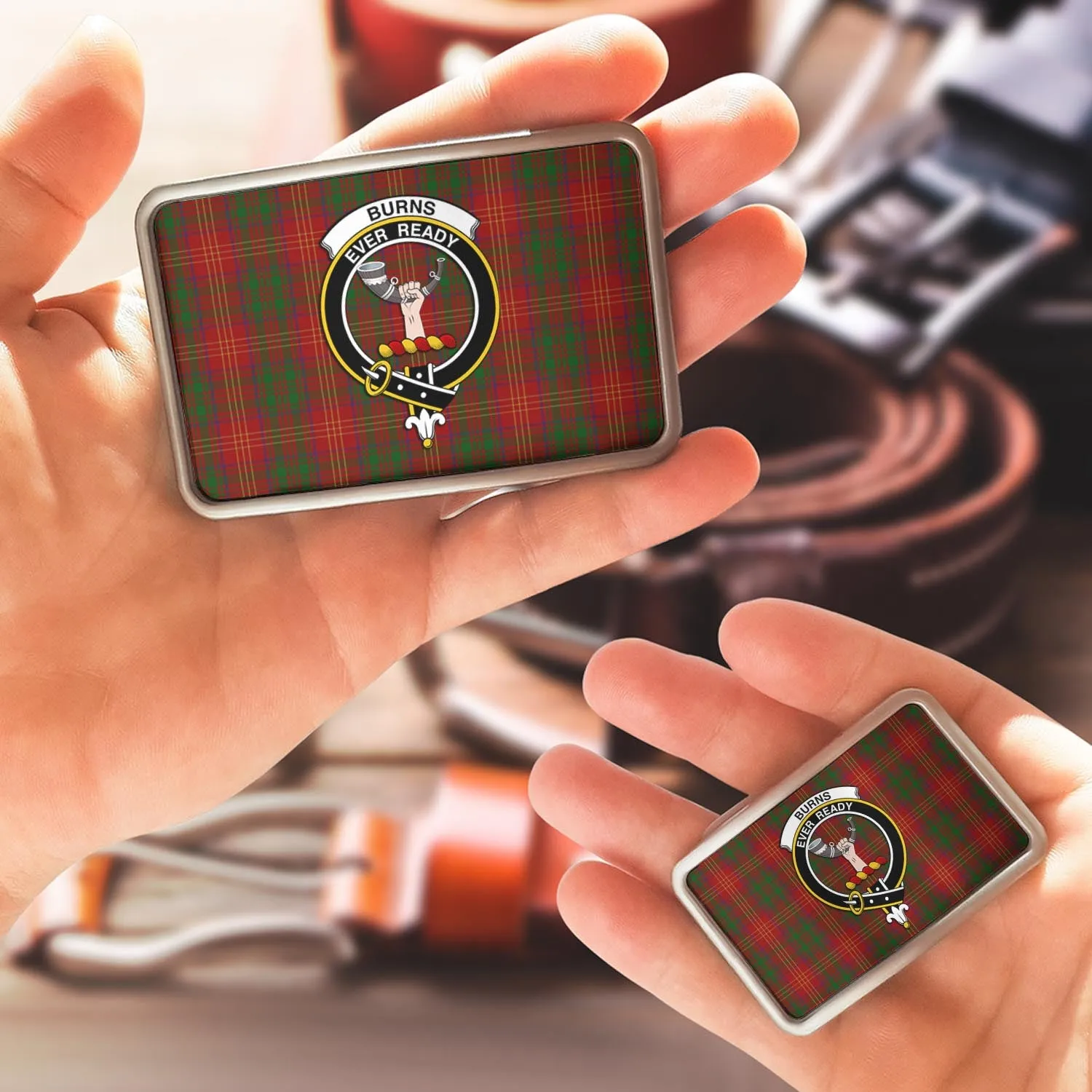 Burns Tartan Belt Buckles with Family Crest