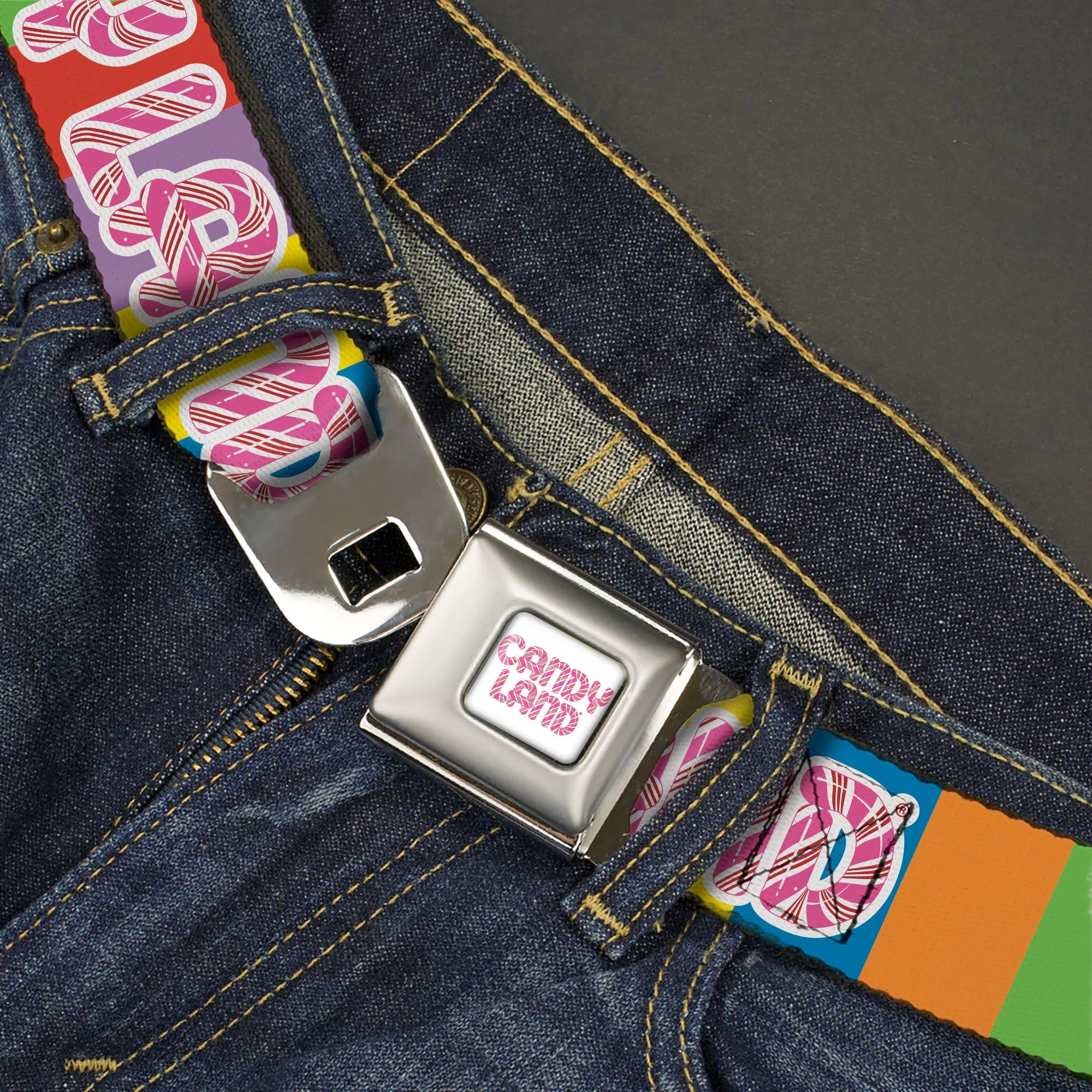 CANDY LAND Game Logo White/Pink Seatbelt Belt - CANDY LAND Game Logo Color Blocks Multi Color Webbing