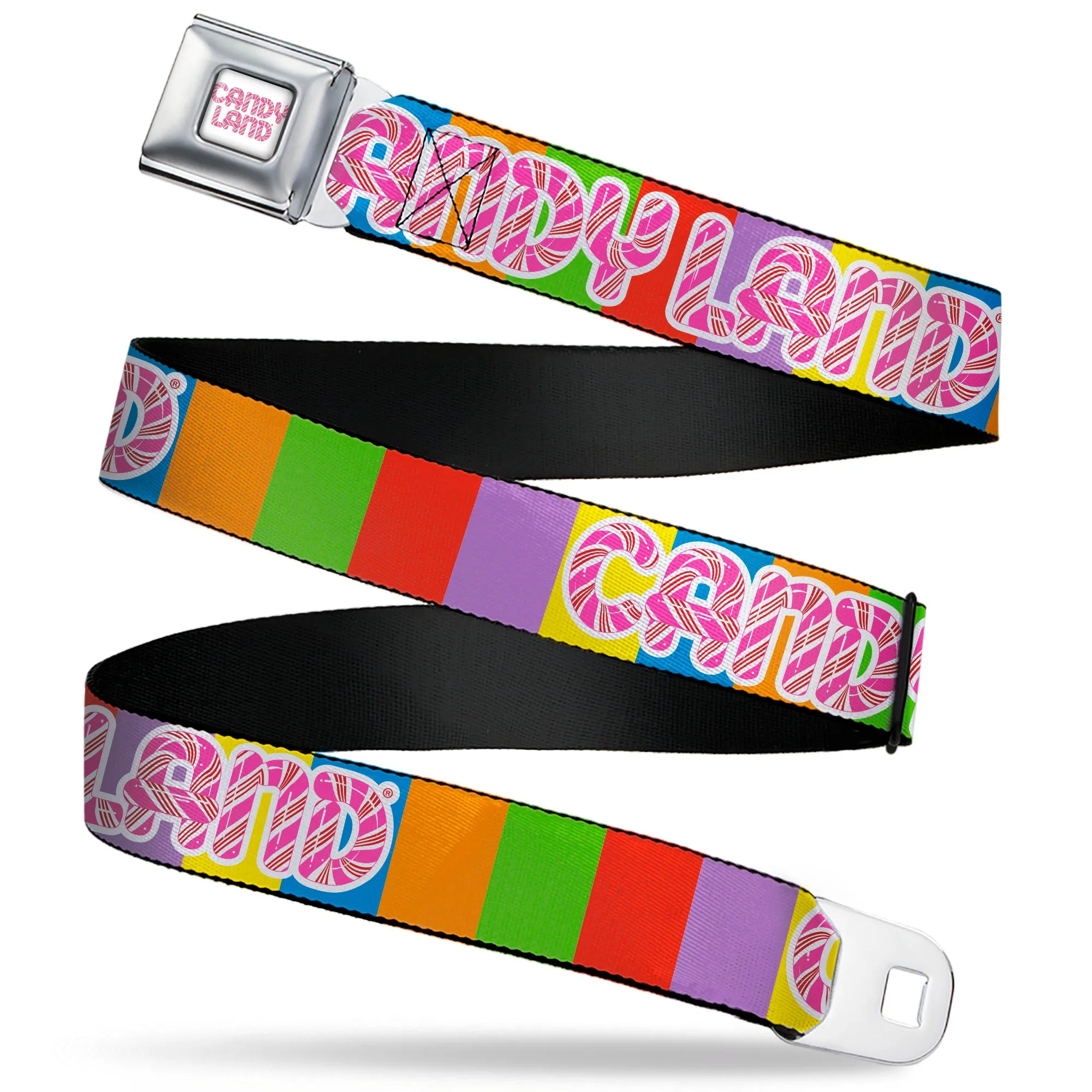 CANDY LAND Game Logo White/Pink Seatbelt Belt - CANDY LAND Game Logo Color Blocks Multi Color Webbing