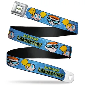 DEXTER'S LABORATORY Title Logo Full Color White/Black/Green Seatbelt Belt - DEXTER'S LABORATORY Title Logo with Dexter and Dee Dee Expressions Blues Webbing