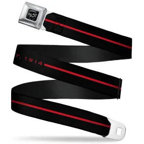 Dodge 100th Anniversary Logo Brushed Silver Black Seatbelt Belt - Dodge 100th Anniversary Logo/Stripe Black/Red Webbing