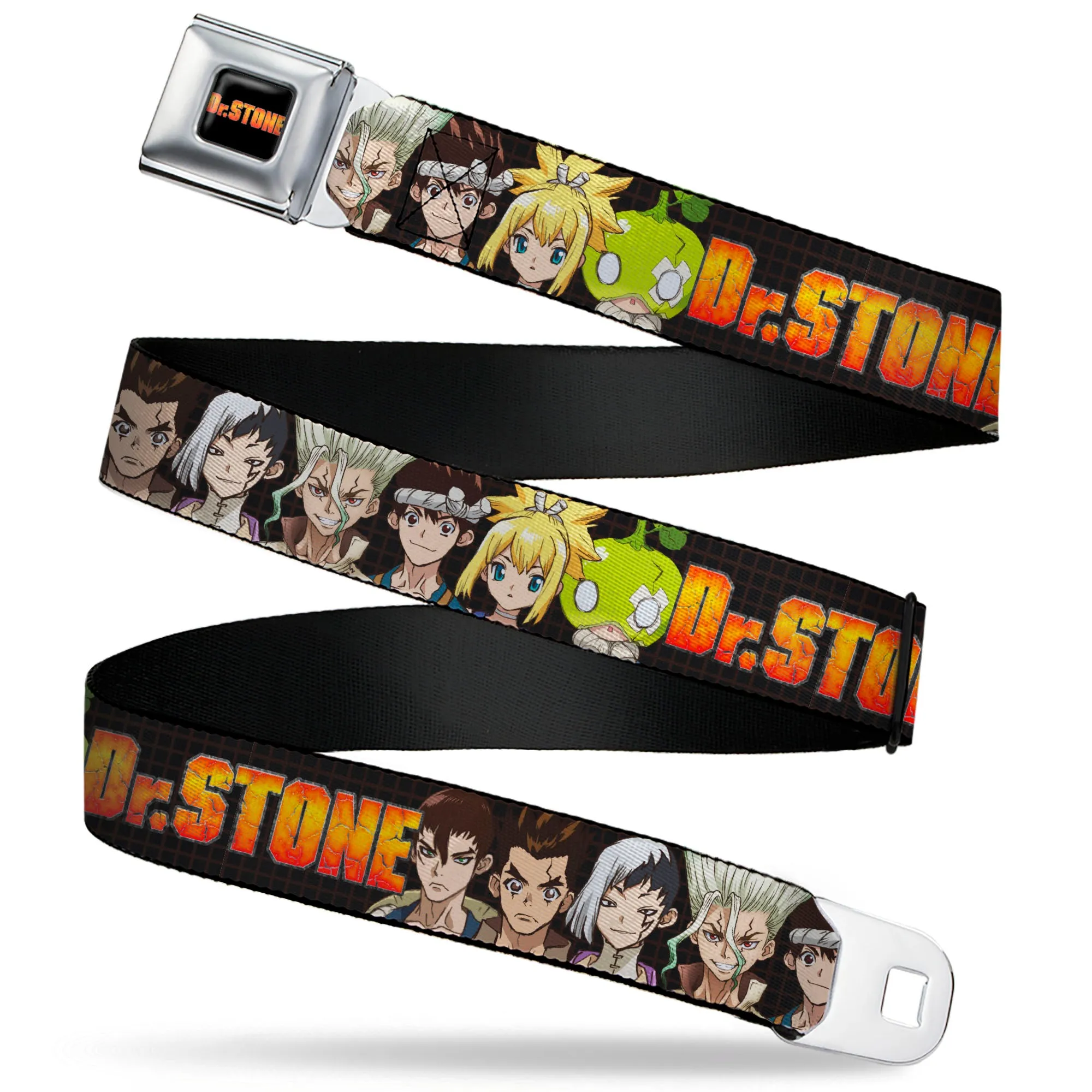 DR. STONE Title Logo Full Color Black/Orange Seatbelt Belt - DR. STONE Title Logo and Character Group Black Webbing