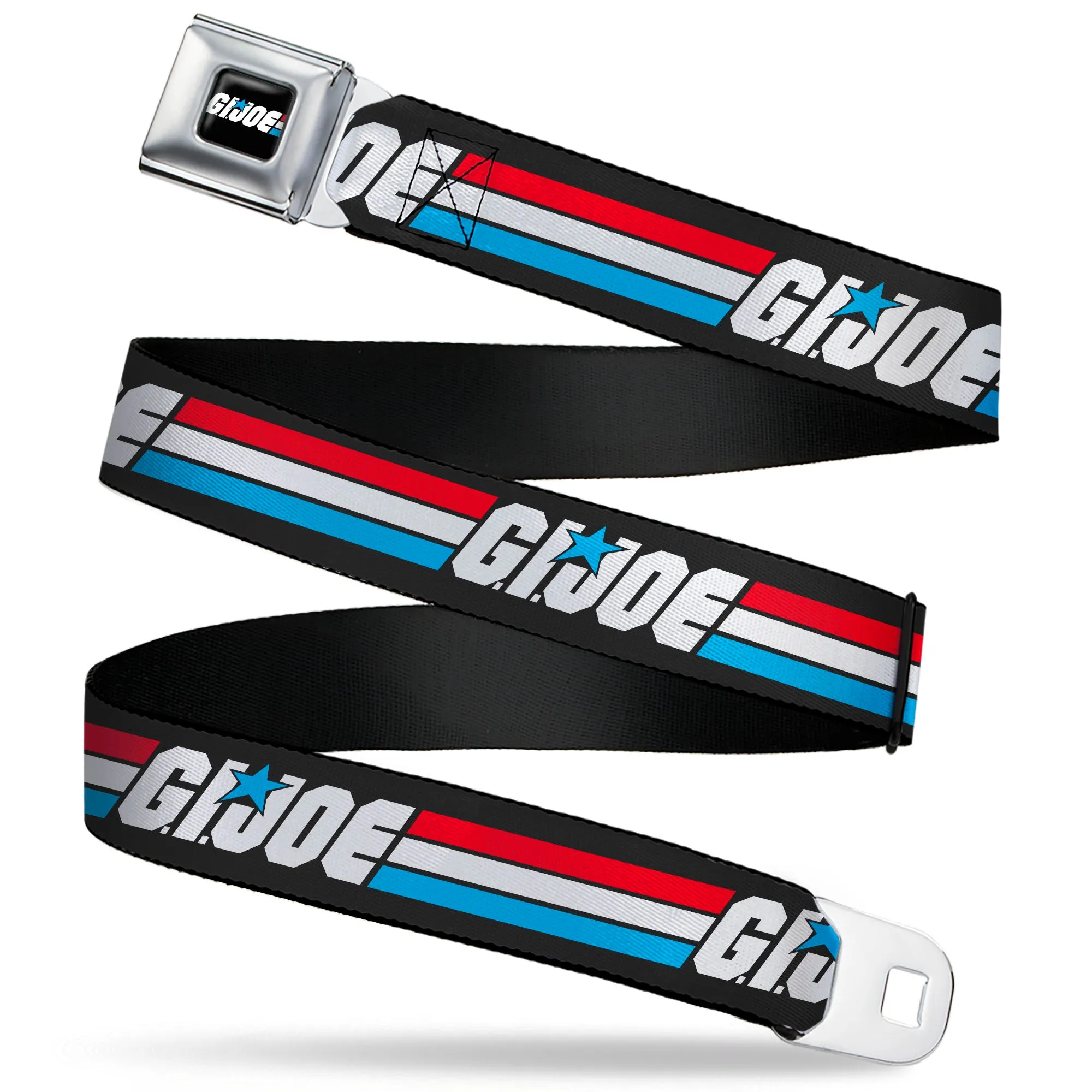 GI JOE Title Logo Stripe Full Color Black/Red/White/Blue Seatbelt Belt - GI JOE Title Logo Stripe Black/Red/White/Blue Webbing